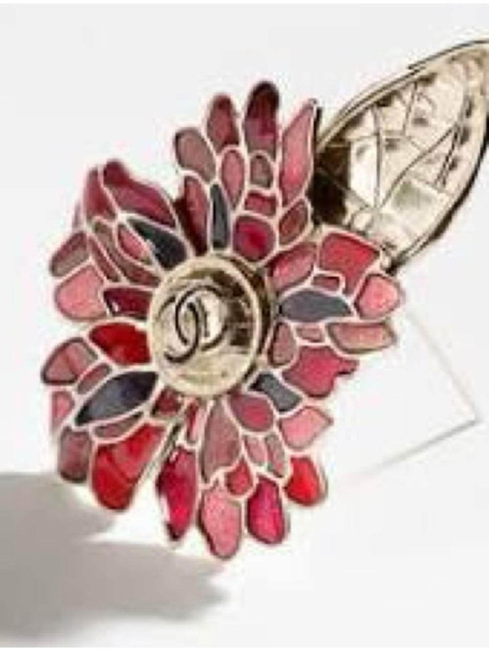 CHANEL Red and Pink Floral Camellia Brooch with Gold Leaf - Picture 2 of 5